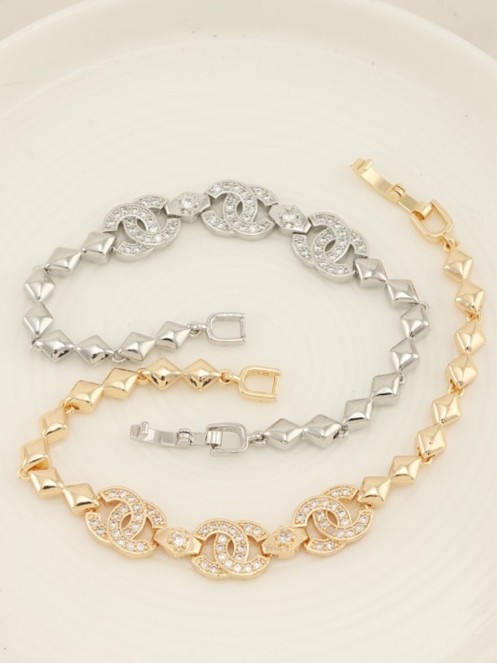 ShopEvelynne Gold and Silver Interlocking Crystal Link Bracelet Set - Picture 2 of 5